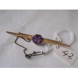 Antique amethyst set 9ct bar brooch 6cm long 3g