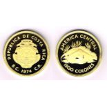 Costa Rica. 1974 Conservation gold and silver proofs. Fifteen hundred colones 33.437gm ,90 gold, one