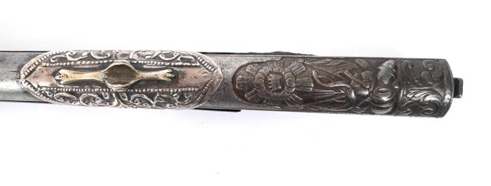 A Turkish matchlock barrel A tapering smoothbore barrel, the top decorated in relief with mititary - Image 3 of 3