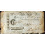 Ross Bank Wexford Four Guineas Bank Note, 1 September 1814 No. 161. Signed Peter Roe, foxing on left