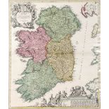 1720, Map of Ireland by Johann Baptiste Homann. A hand-coloured, engraved map of Ireland, 'Hiberniae