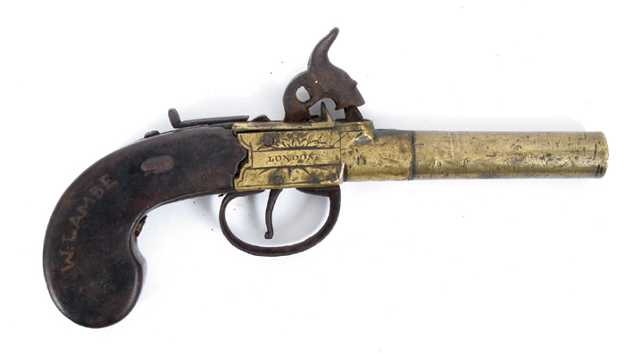 1800s brass pistol by Goodwin & Co. An all-brass English flintlock boxlock pocket pistol made by - Image 2 of 2