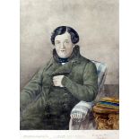 1840s Daniel O'Connell portrait engraving. Coloured print, Daniel O'Connell, seated in an