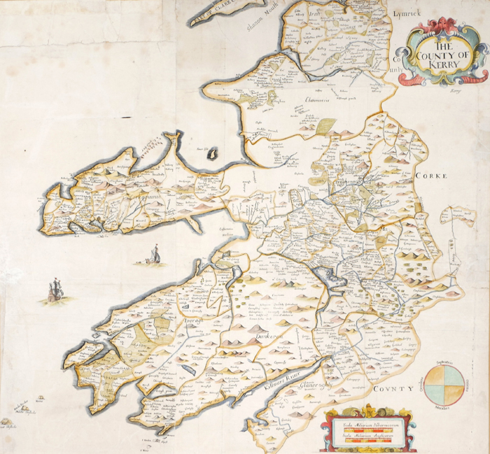 1732 Map of County Kerry by William Petty. A hand-coloured, engraved map, "The County of Kerry",