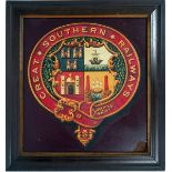 Great Southern Railway, sign. A sign, varnished transfer on painted panel, the centre the badge of