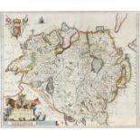 1654 Map of Ulster, by Joan Blaeu. A hand-coloured, engraved map of 'Vultonia; Hibernis Cujgujlly;