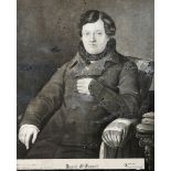 Daniel O'Connell, portrait after Carrick. A monochrome engraving of O'Connell, seated, in gilt