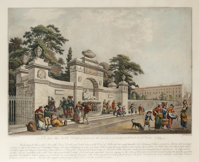 Circa 1790 Fountain on Merrion Square West, engraving. A hand coloured engraving after Barrolet of