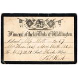 1852 Funeral of the Late Duke of Wellington, ticket. The ticket written in black ink to 'Admit