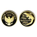 Indonesia. 1974 Conservation gold and silver proofs. One hundred thousand rupiah, 33.437gm ,90 gold,