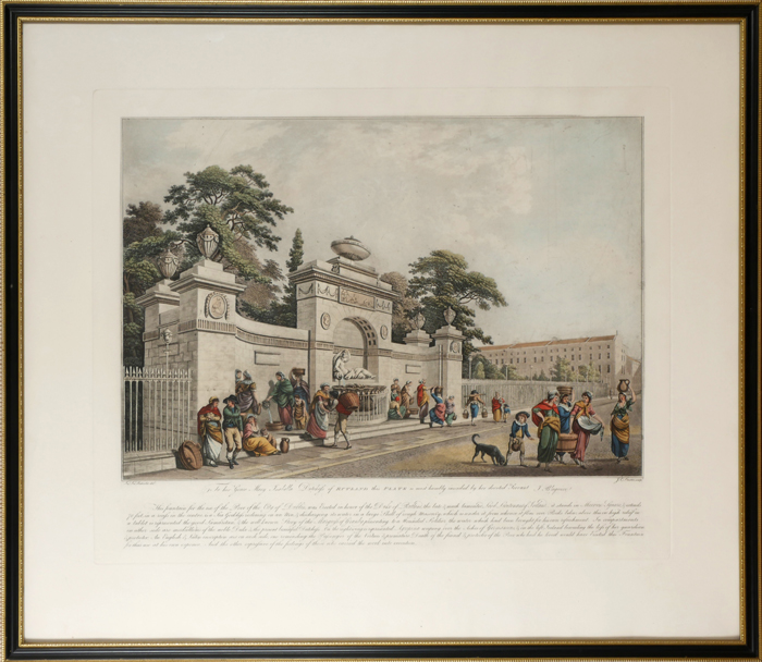 Circa 1790 Fountain on Merrion Square West, engraving. A hand coloured engraving after Barrolet of - Image 2 of 2