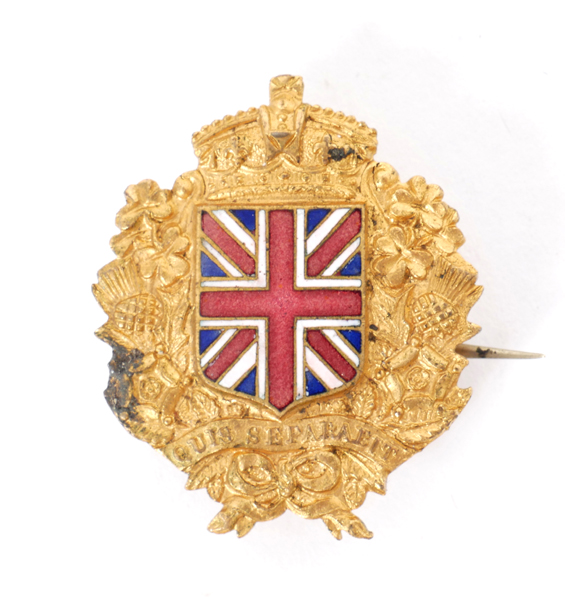 Irish Unionist Alliance badge A gilt metal badge surmounted by a crown, centred by an enamel,