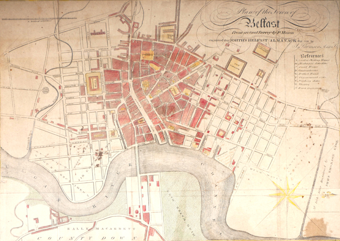 1816 Plan of Belfast A hand coloured engraving, titled, 'Plan of the town of Belfast from actual