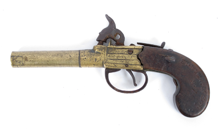 1800s brass pistol by Goodwin & Co. An all-brass English flintlock boxlock pocket pistol made by