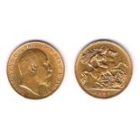 Edward VII gold half sovereigns, 1905, 1907, 1908, 1909 and 1910. Fine to about very fine. (5)
