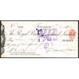 Pádraig Pearse handwritten and signed cheque, 12 June 1914. Drawn on The Royal Bank of Ireland Ltd.,