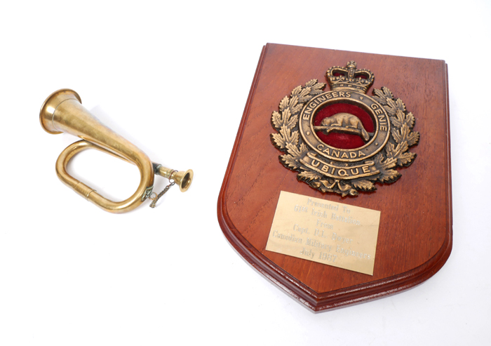 Canadian Military Engineers presentation plaque together with a miniature brass bugle. A large brass