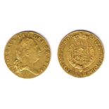 George III gold half guineas, 1781 and 1803, and half sovereign 1817. 1781 buckled, others fine (3).