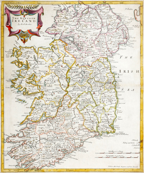 Late 17th century, map of The Kingdom of Ireland by Robert Morden. A hand-coloured engraving,