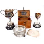 Pigeon Racing trophys and an automatic timing clock. Two silver trophy cups for pigeon racing, a
