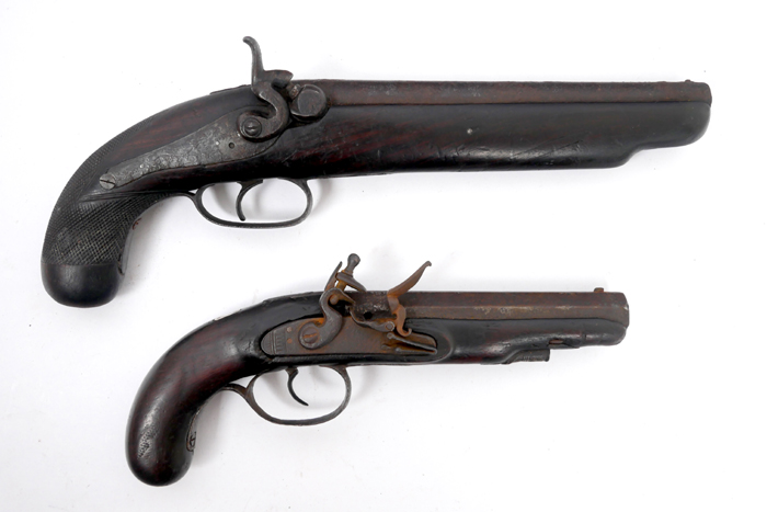 Early 19th century, flintlock and percussion pistols. The flintlock pistol with octagonal barrel,