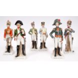 Porcelain models of Napoleonic officers. A set of six mid 20th century porcelain figures of French