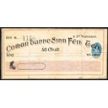 1908-21 Sinn Féin Bank cheque, unissued. The Sinn Féin Bank, formally the Sinn Féin Co-operative