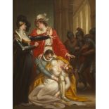 Daniel Maclise RA HRHA (1806-1870) A WOMAN SWOONING; TRIO OF SOLDIERS BEYOND oil on canvas signed