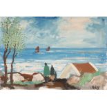 Markey Robinson (1918-1999) COASTAL SCENE WITH FIGURES AND SAILBOATS gouache; (unframed) signed