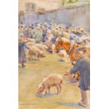 Norman Garstin (1847-1926) FAIR SCENE WITH CATTLE AND PIGS watercolour signed lower left 6¾ x 4½