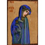 Markey Robinson (1918-1999) ICON - THE VIRGIN MARY acrylic on printed paper on panel; (unframed)