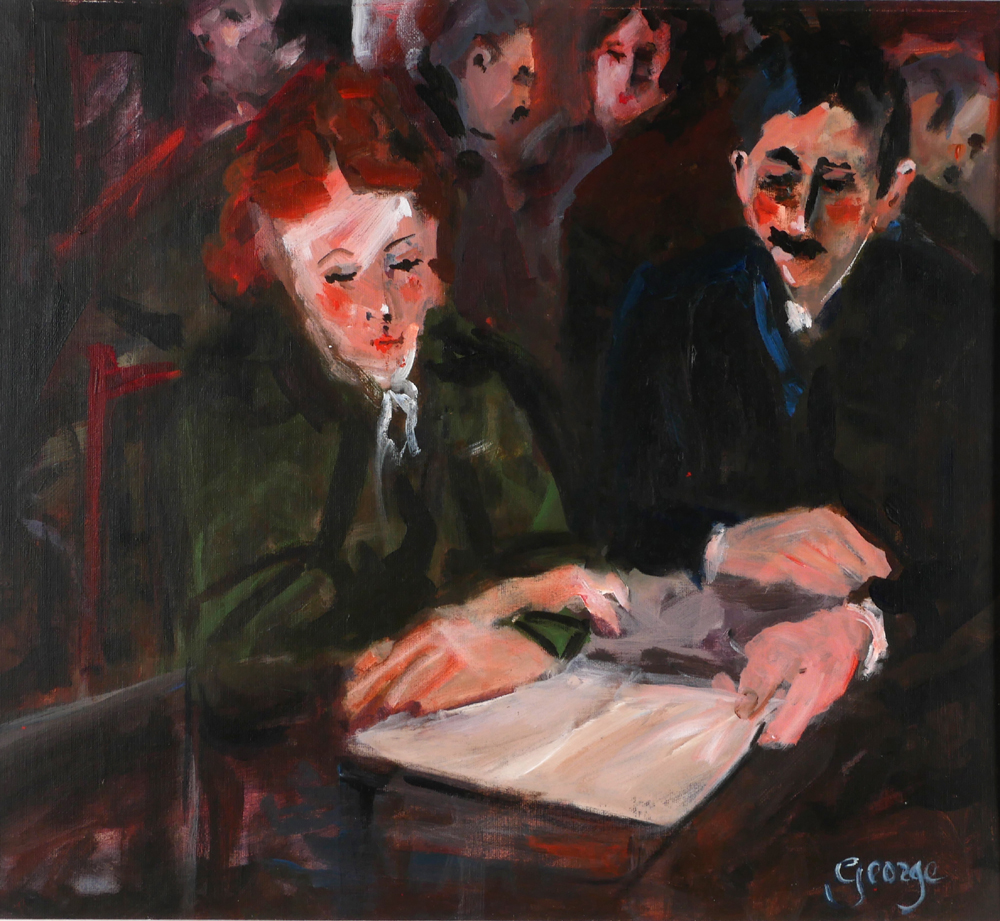 George Dunne (20th/21st Century) STUDYING THE MENU acrylic on board signed lower right 19¼ x 21¼