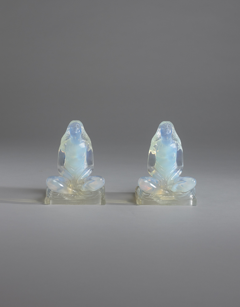 Marius-Ernest Sabino (Italian, 1878-1961) L’IDOLE (PAIR) c.1928 opalescent glass; (2) each titled at