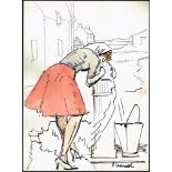 Patrick Leonard HRHA (1918-2005) SKETCHES [AT THE PUMP] (SET OF THREE) ink and watercolour; (2)