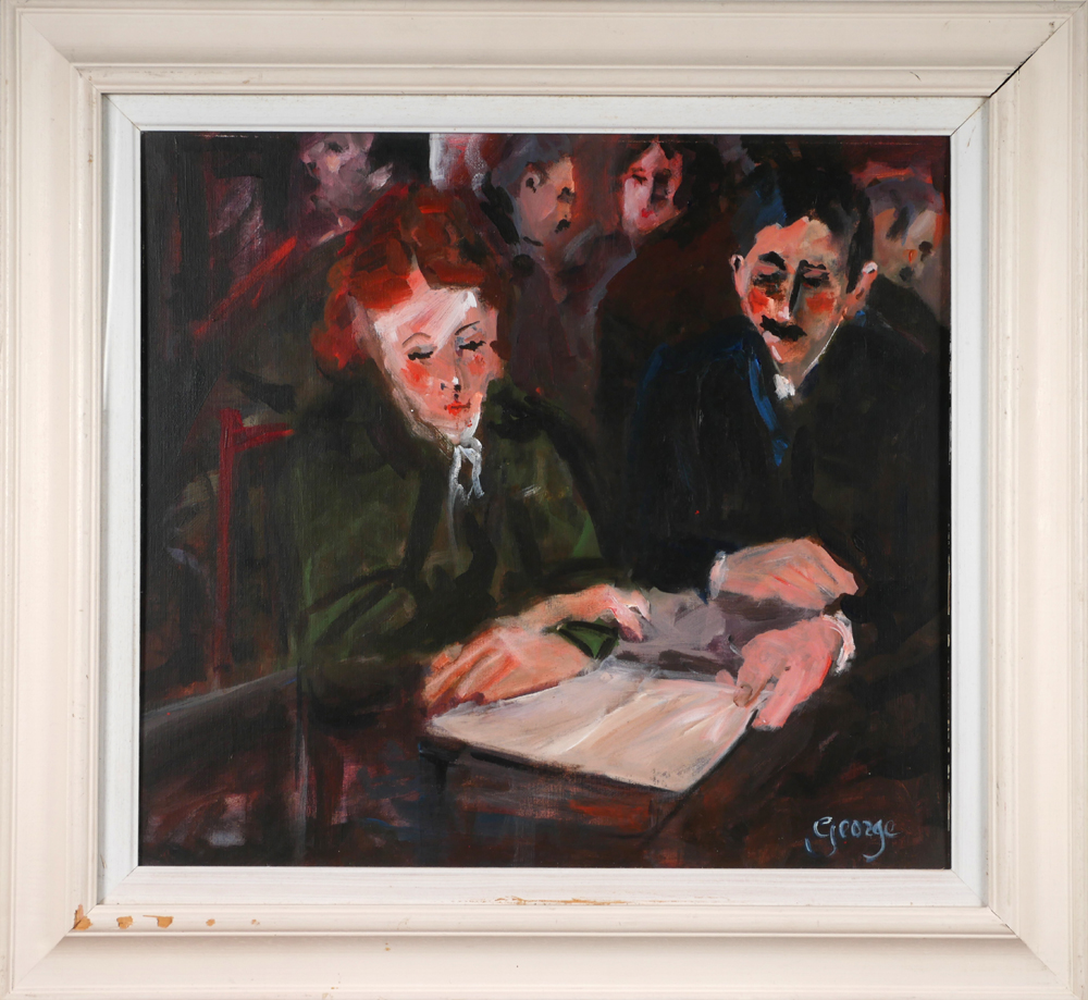 George Dunne (20th/21st Century) STUDYING THE MENU acrylic on board signed lower right 19¼ x 21¼ - Image 2 of 2