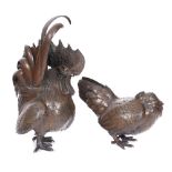 19th century Japanese bronze figures of a cockerel and a hen. A pair of Meiji bronzes, a cockerel,