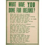 1914-1918 Irish Recruiting poster 'What Have You Done For Ireland?' A three verse poem inciting