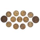 Bronze medallions, set of eleven after Jean Vernon and two depicting the bust of Louis XIV and