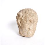 Carved stone head. Carved limestone head of a man, in the classical style, very weathered. 8in. (
