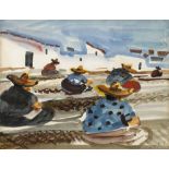 George Campbell RHA (1917-1979) WOMEN MENDING NETS, TARRAGONA, SPAIN watercolour inscribed on