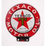 1930s Texaco petrol pump enamel decal. A circular, double-sided, enamel sign from a hand operated "