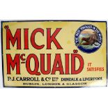 Mick McQuaid Tobacco, enamel advertising sign. The navy border enclosing a cream background with red