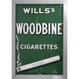 Enamel sign, 'Wills's Woodbine Cigarettes'. A rectangular enamel sign, the dark green background