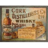 Tin advertising sign, 'Cork Distilleries Co Ltd Whisky' A rectangular printed tin sign with a full