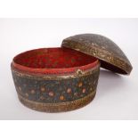 19th century Indian turban box. A papier-maché circular turban box, the domed lid and straight sides