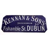 Kennan and Sons, Ironworks, Dublin enamel sign. A rectangular enamel sign the navy ground with white