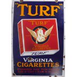 Enamel sign, 'Turf Virginia Cigarettes'. A rectangular enamel sign, the indigo background centred by