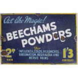 Enamel advertising sign for Beechams Powders A navy enamel sign with sky-blue, yellow and white