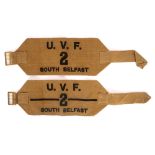 Circa 1913, Ulster Volunteer Force, South Belfast, Armband. Two khaki canvas armbands, with brass