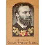 1880s Charles Stewart Parnell, a Stevengraph portrait. A portrait of Parnell with a spray of